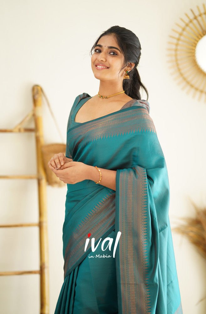 Teal Blue Pure Kanjivaram Silk Saree With Lovely Blouse Piece - Almaari Fashion