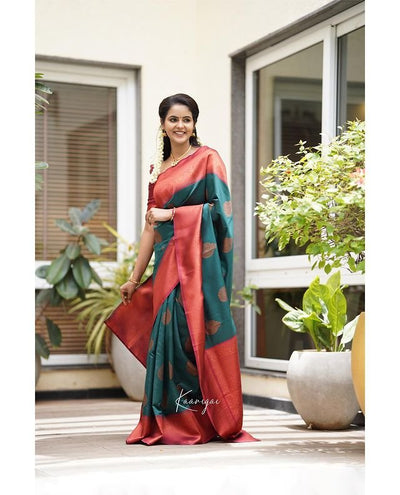 Teal Blue Pure Kanjivaram Silk With Attractive Blouse Piece - Almaari Fashion