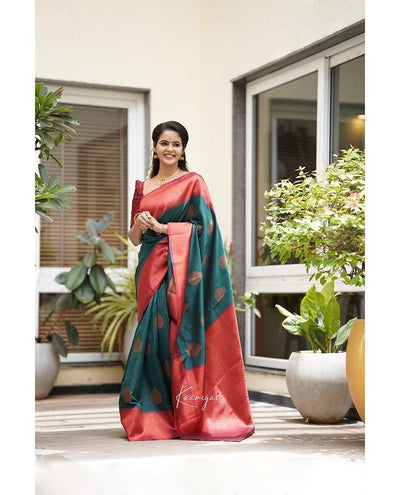 Teal Blue Pure Kanjivaram Silk With Attractive Blouse Piece - Almaari Fashion