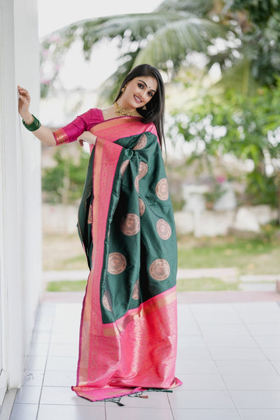 Tempting Green Pure Kanjivaram Silk Saree With Felicitous Blouse Piece - Almaari Fashion