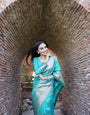 Trendy Sea Green Pure Kanjivaram Silk Saree With Moiety Blouse Piece