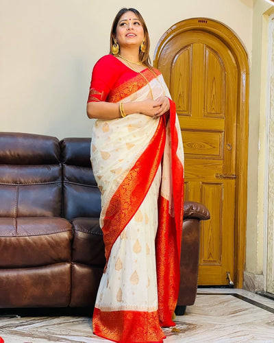 White & Red Pure Soft Kota Silk Saree With Lovely Blouse Piece - Almaari Fashion