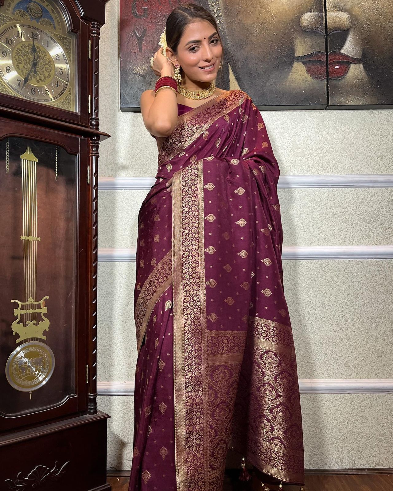 Wine Pure Banarasi Silk Saree Stylish Blouse Piece - Almaari Fashion