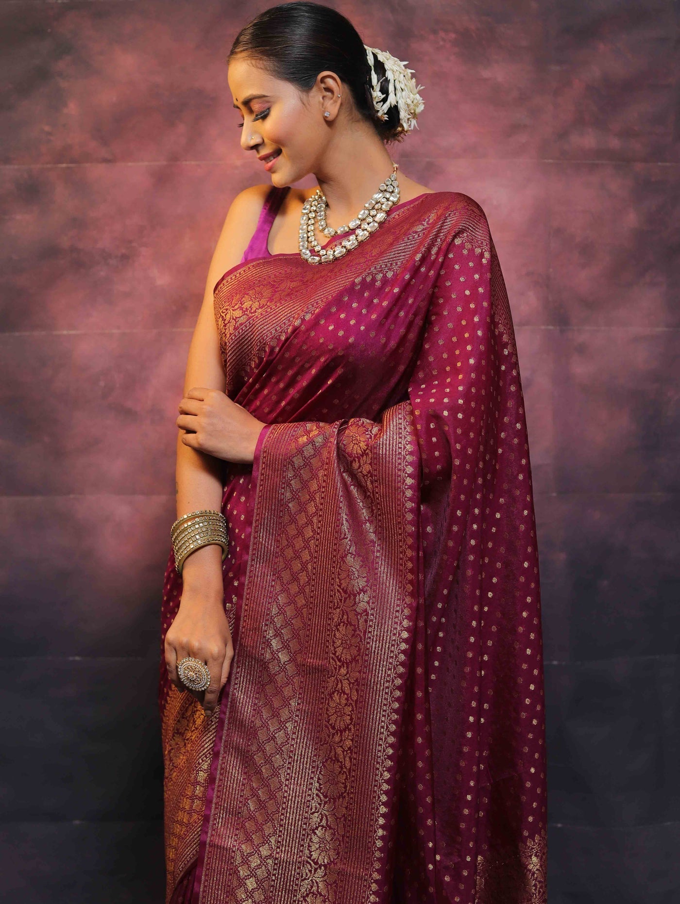 Wine Pure Kanjivaram Silk Weaved With Copper Zari Comes With Heavy Kanjivaram Brocade Blouse - Almaari Fashion