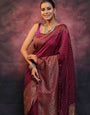 Wine Pure Kanjivaram Silk Weaved With Copper Zari Comes With Heavy Kanjivaram Brocade Blouse