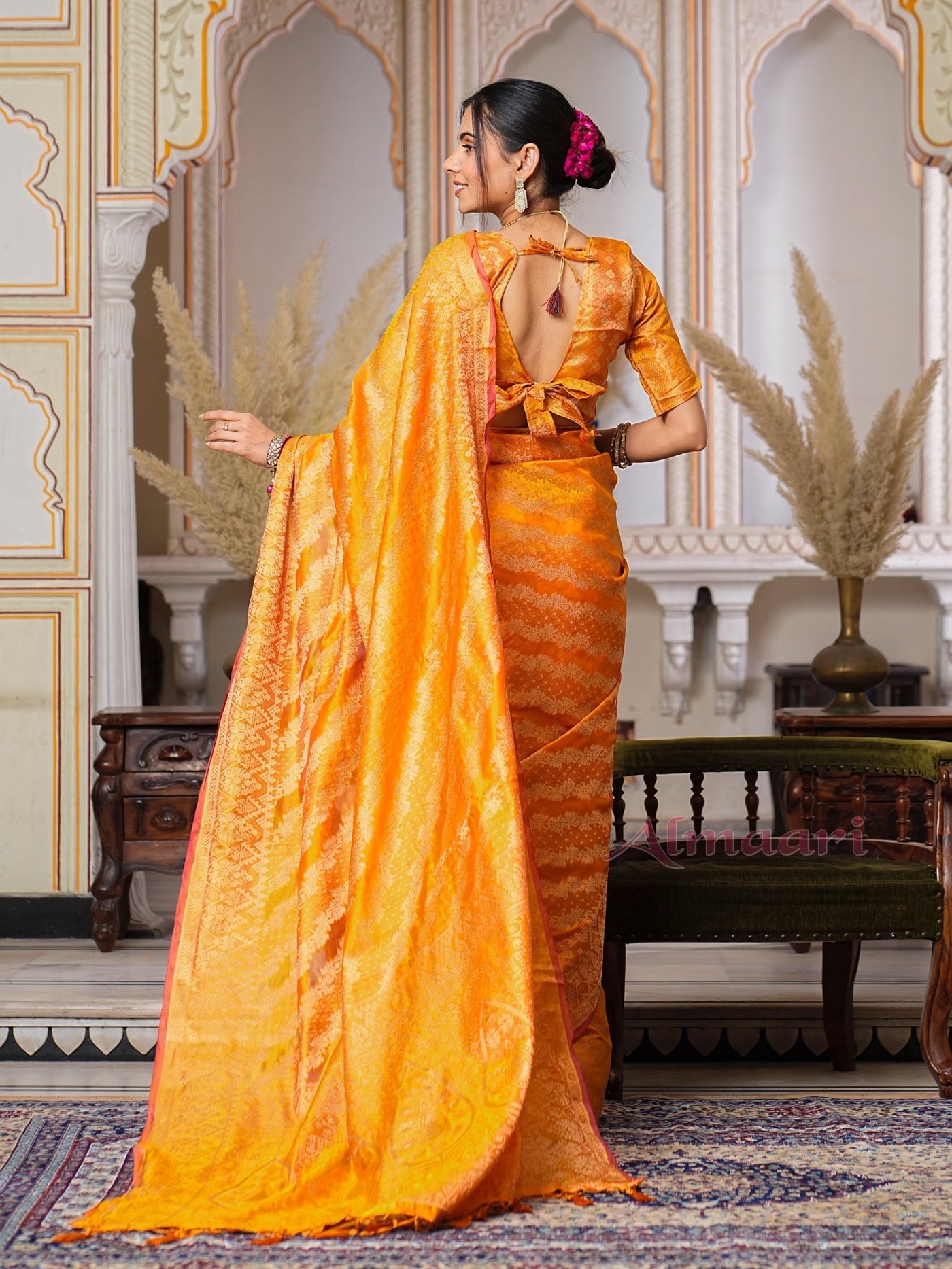 Yellow Color Pure Organza Saree Adorned with Zari Weaving, Complete with Matching Blouse Piece - Almaari Fashion