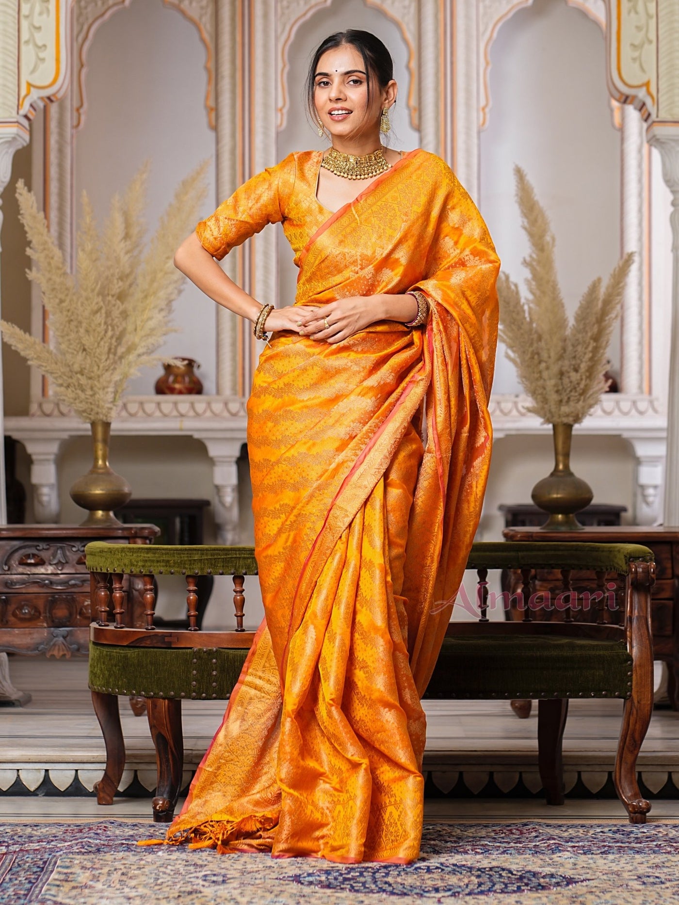 Yellow Color Pure Organza Saree Adorned with Zari Weaving, Complete with Matching Blouse Piece - Almaari Fashion