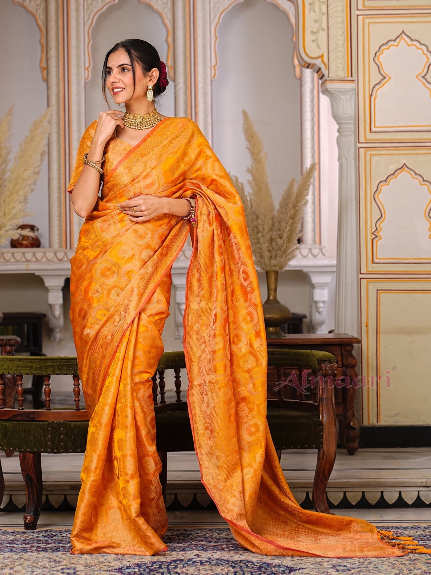 Yellow Color Pure Organza Saree Adorned with Zari Weaving, Complete with Matching Blouse Piece - Almaari Fashion