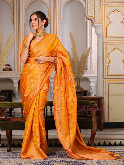 Yellow Color Pure Organza Saree Adorned with Zari Weaving, Complete with Matching Blouse Piece - Almaari Fashion