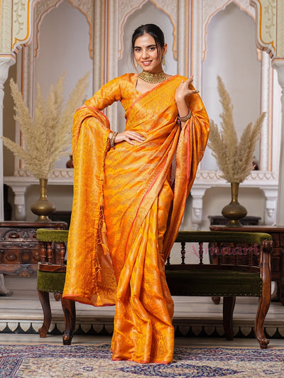 Yellow Color Pure Organza Saree Adorned with Zari Weaving, Complete with Matching Blouse Piece - Almaari Fashion