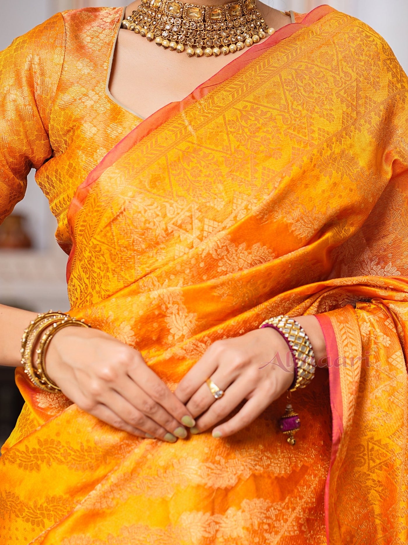 Yellow Color Pure Organza Saree Adorned with Zari Weaving, Complete with Matching Blouse Piece - Almaari Fashion