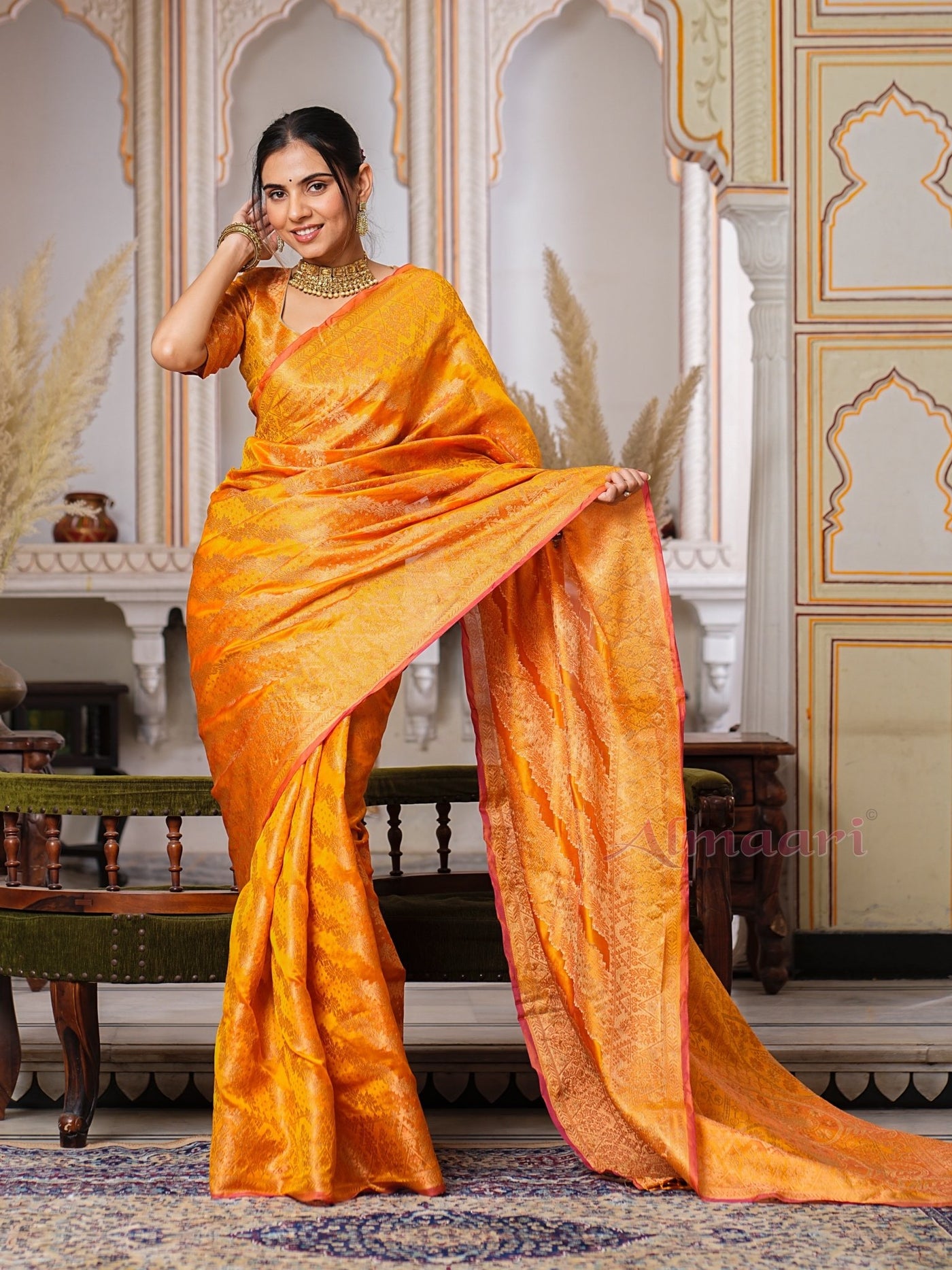 Yellow Color Pure Organza Saree Adorned with Zari Weaving, Complete with Matching Blouse Piece - Almaari Fashion