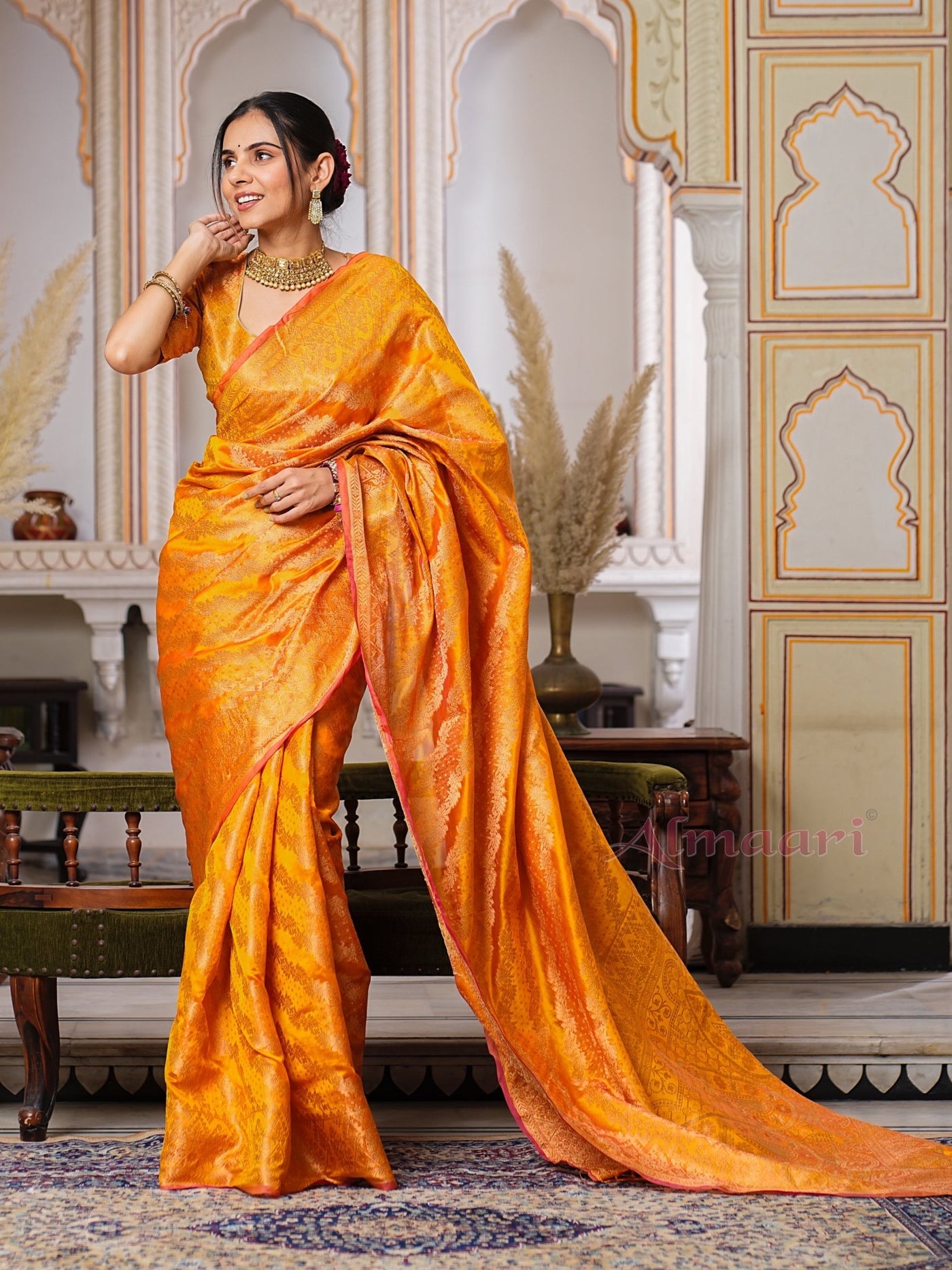 Yellow Color Pure Organza Saree Adorned with Zari Weaving, Complete with Matching Blouse Piece - Almaari Fashion