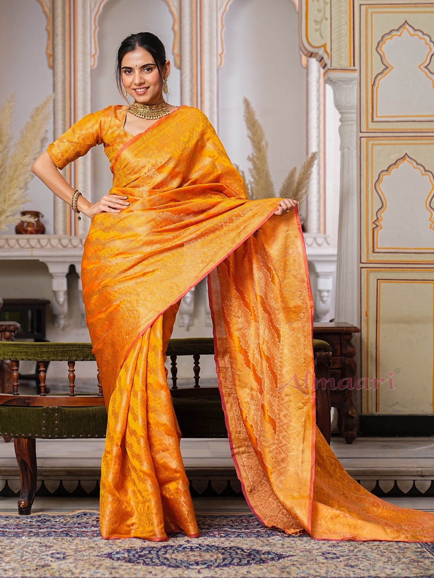 Yellow Color Pure Organza Saree Adorned with Zari Weaving, Complete with Matching Blouse Piece - Almaari Fashion