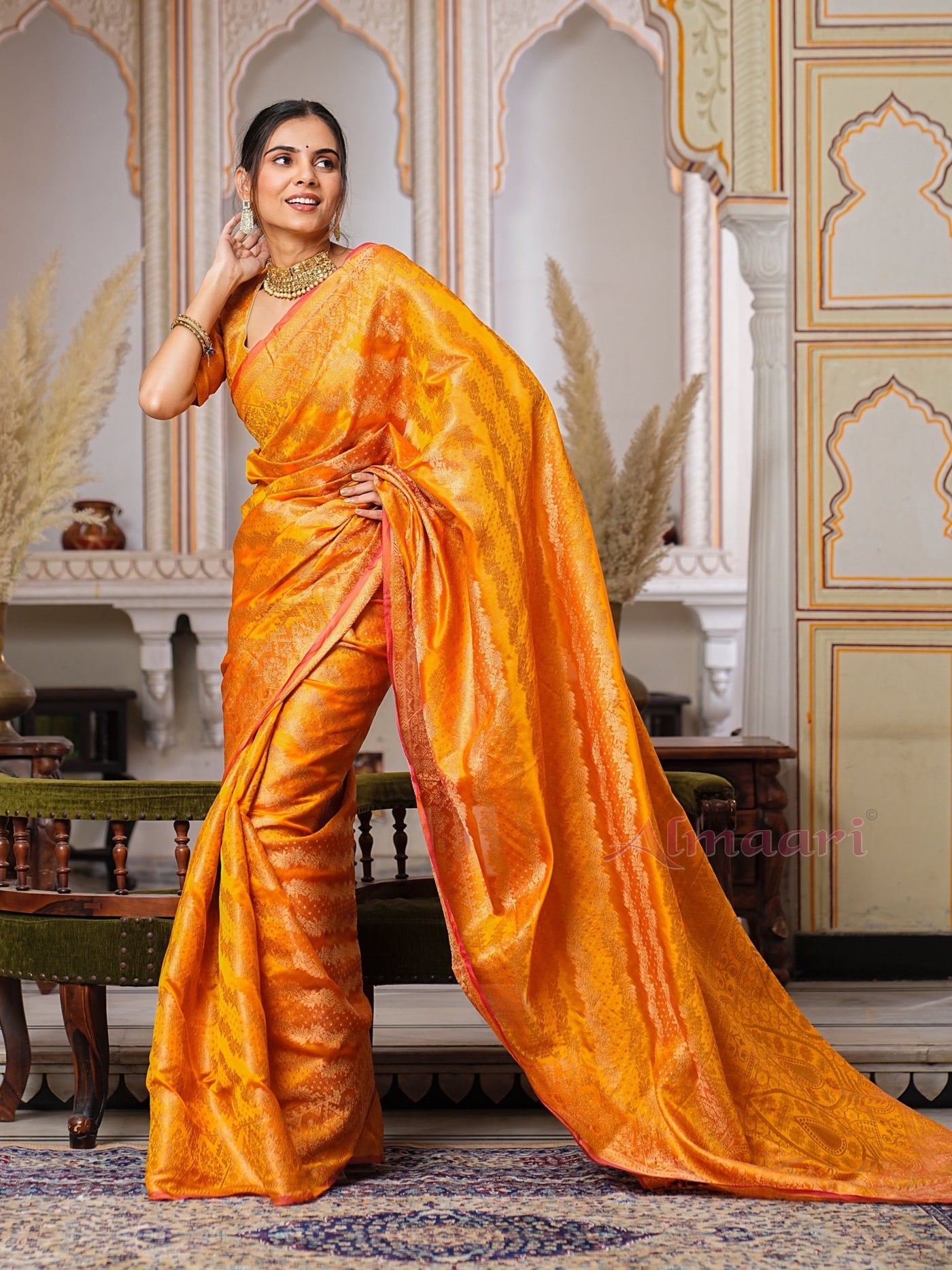 Yellow Color Pure Organza Saree Adorned with Zari Weaving, Complete with Matching Blouse Piece - Almaari Fashion