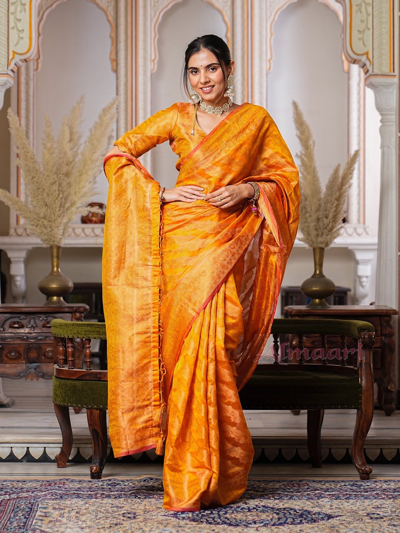 Yellow Color Pure Organza Saree Adorned with Zari Weaving, Complete with Matching Blouse Piece - Almaari Fashion