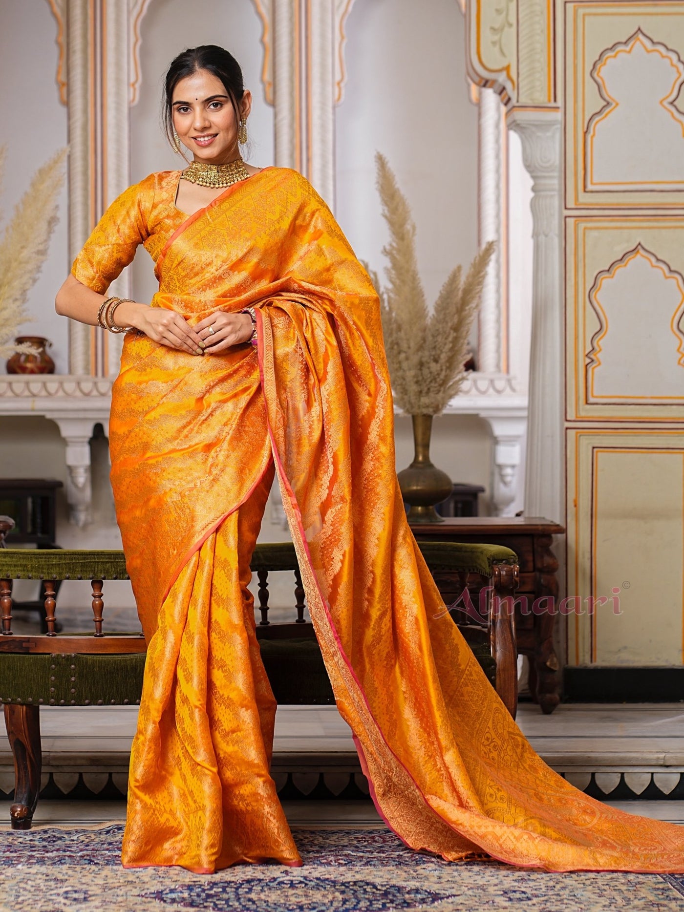 Yellow Color Pure Organza Saree Adorned with Zari Weaving, Complete with Matching Blouse Piece - Almaari Fashion