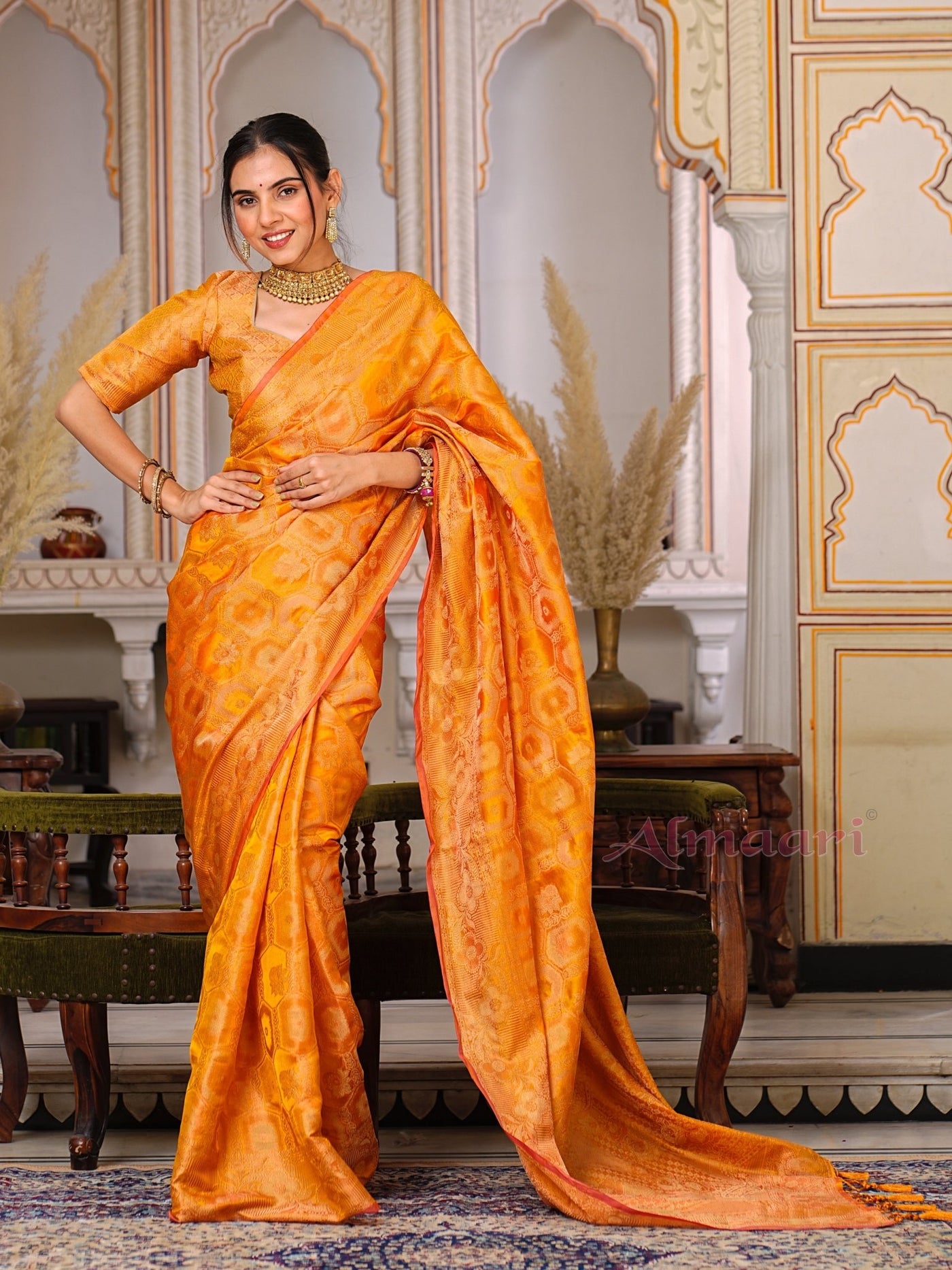 Yellow Color Pure Organza Saree Adorned with Zari Weaving, Complete with Matching Blouse Piece - Almaari Fashion