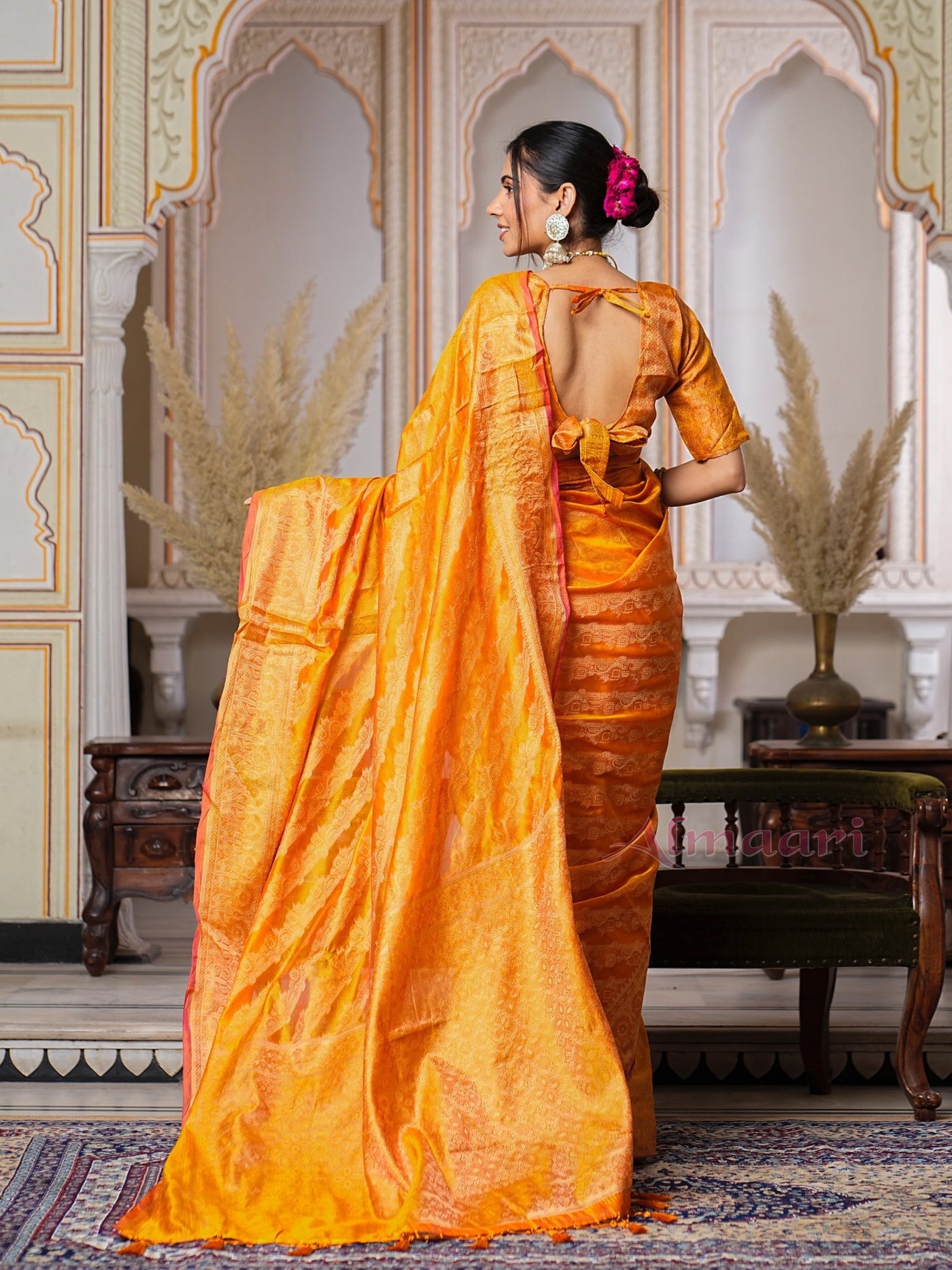 Yellow Color Pure Organza Saree Adorned with Zari Weaving, Complete with Matching Blouse Piece - Almaari Fashion