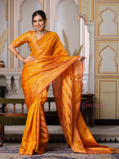 Yellow Color Pure Organza Saree Adorned with Zari Weaving, Complete with Matching Blouse Piece - Almaari Fashion