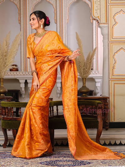 Yellow Color Pure Organza Saree Adorned with Zari Weaving, Complete with Matching Blouse Piece - Almaari Fashion