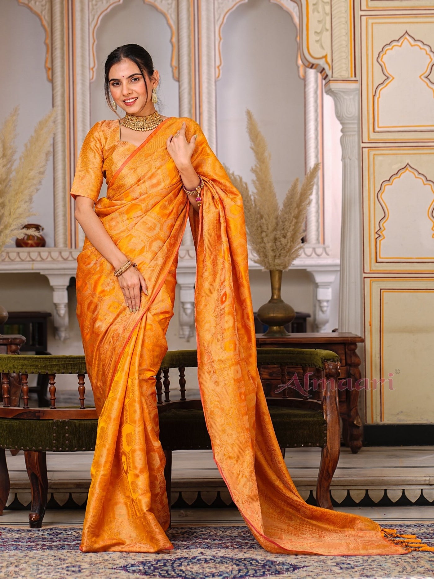 Yellow Color Pure Organza Saree Adorned with Zari Weaving, Complete with Matching Blouse Piece - Almaari Fashion