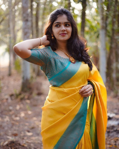 Yellow & Firozi Combination Pure Kanjivaram Silk Saree With Attractive Blouse Piece - Almaari Fashion