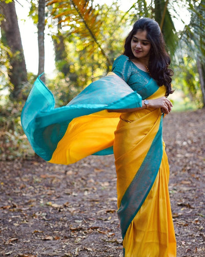 Yellow & Firozi Combination Pure Kanjivaram Silk Saree With Attractive Blouse Piece - Almaari Fashion