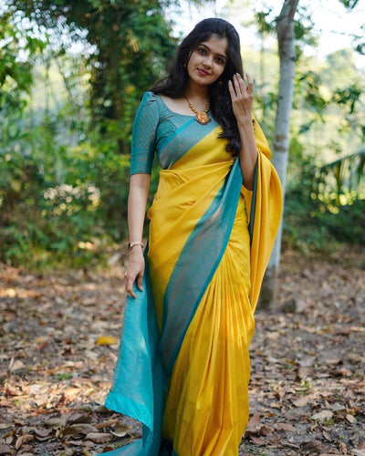 Yellow & Firozi Combination Pure Kanjivaram Silk Saree With Attractive Blouse Piece - Almaari Fashion