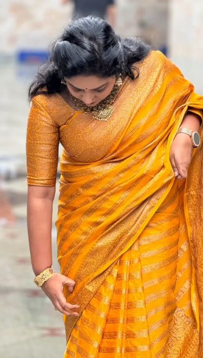 Yellow Pure Georgette Kanjivaram Silk Saree Weaved With Copper Zari Comes With Attached Blouse. - Almaari Fashion