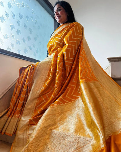 Yellow Pure Kanjivaram Silk Weaved With Copper Zari Comes With Heavy Kanjivaram Brocade Blouse - Almaari Fashion