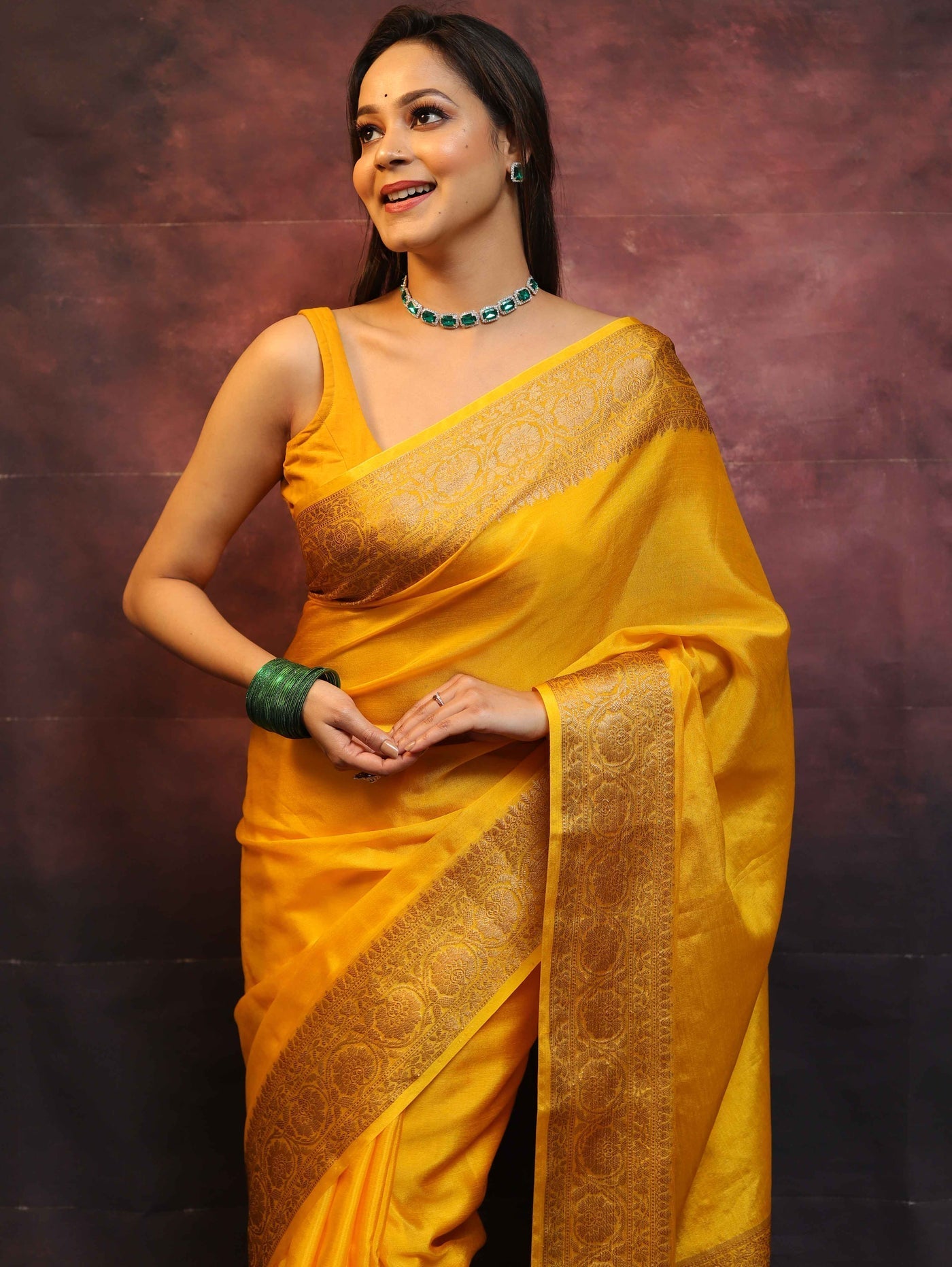 Yellow Pure Kanjivaram Silk Weaved With Copper Zari Comes With Heavy Kanjivaram Brocade Blouse - Almaari Fashion