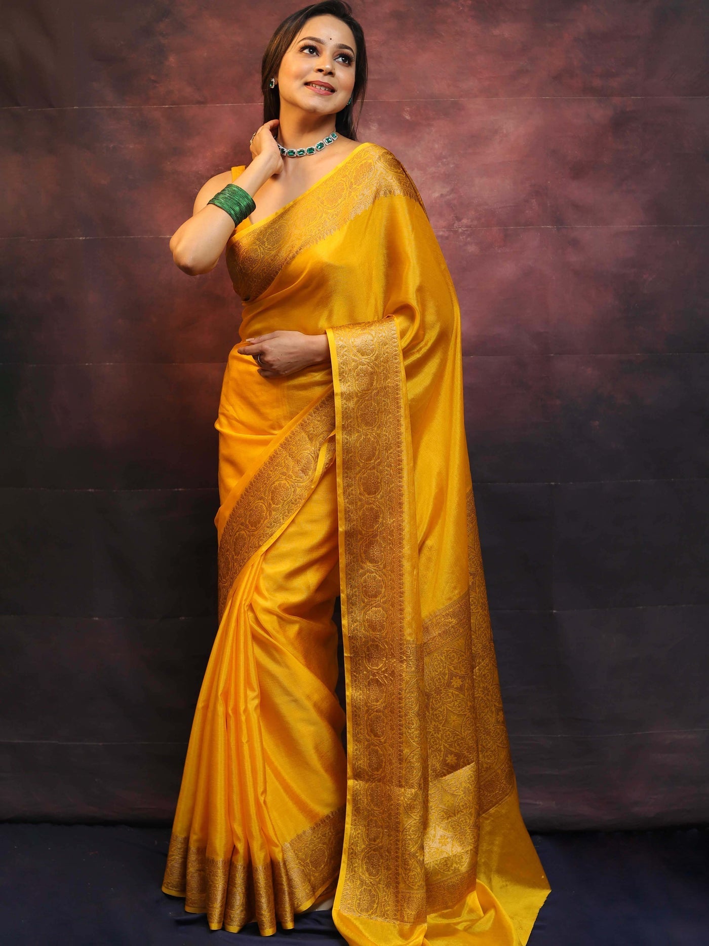 Yellow Pure Kanjivaram Silk Weaved With Copper Zari Comes With Heavy Kanjivaram Brocade Blouse - Almaari Fashion