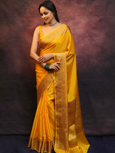 Yellow Pure Kanjivaram Silk Weaved With Copper Zari Comes With Heavy Kanjivaram Brocade Blouse - Almaari Fashion