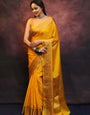 Yellow Pure Kanjivaram Silk Weaved With Copper Zari Comes With Heavy Kanjivaram Brocade Blouse