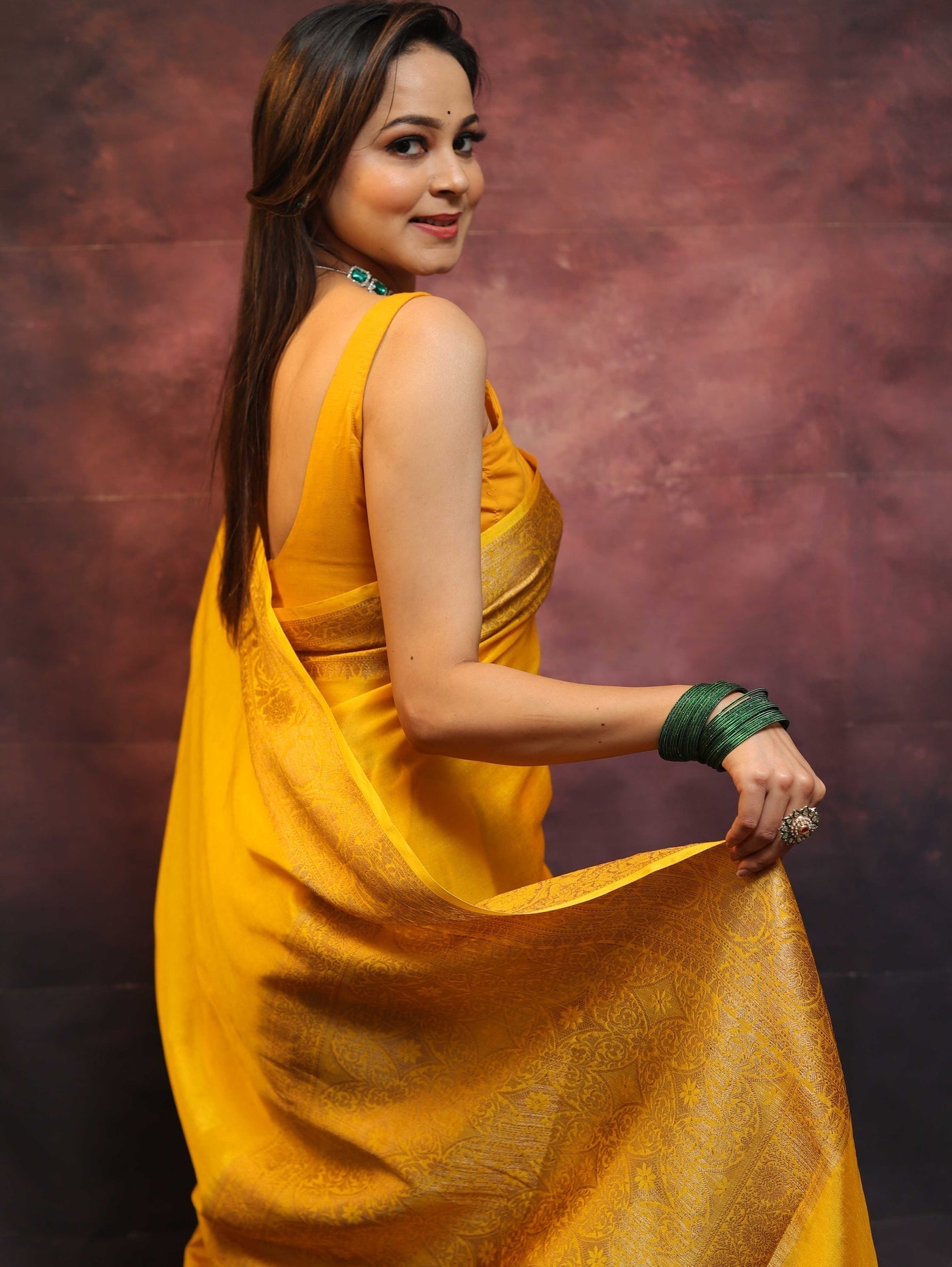 Yellow Pure Kanjivaram Silk Weaved With Copper Zari Comes With Heavy Kanjivaram Brocade Blouse - Almaari Fashion