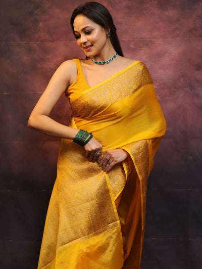 Yellow Pure Kanjivaram Silk Weaved With Copper Zari Comes With Heavy Kanjivaram Brocade Blouse - Almaari Fashion