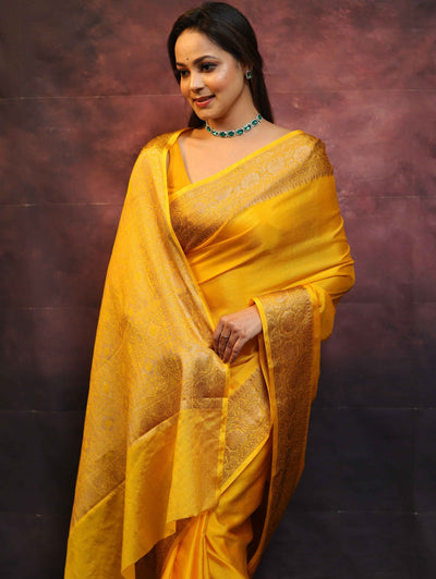 Yellow Pure Kanjivaram Silk Weaved With Copper Zari Comes With Heavy Kanjivaram Brocade Blouse - Almaari Fashion