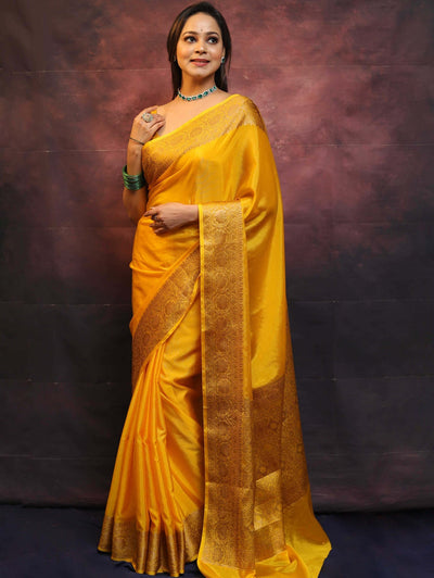 Yellow Pure Kanjivaram Silk Weaved With Copper Zari Comes With Heavy Kanjivaram Brocade Blouse - Almaari Fashion