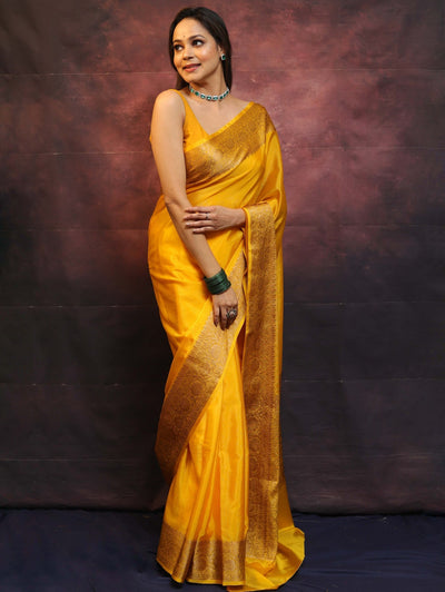 Yellow Pure Kanjivaram Silk Weaved With Copper Zari Comes With Heavy Kanjivaram Brocade Blouse - Almaari Fashion